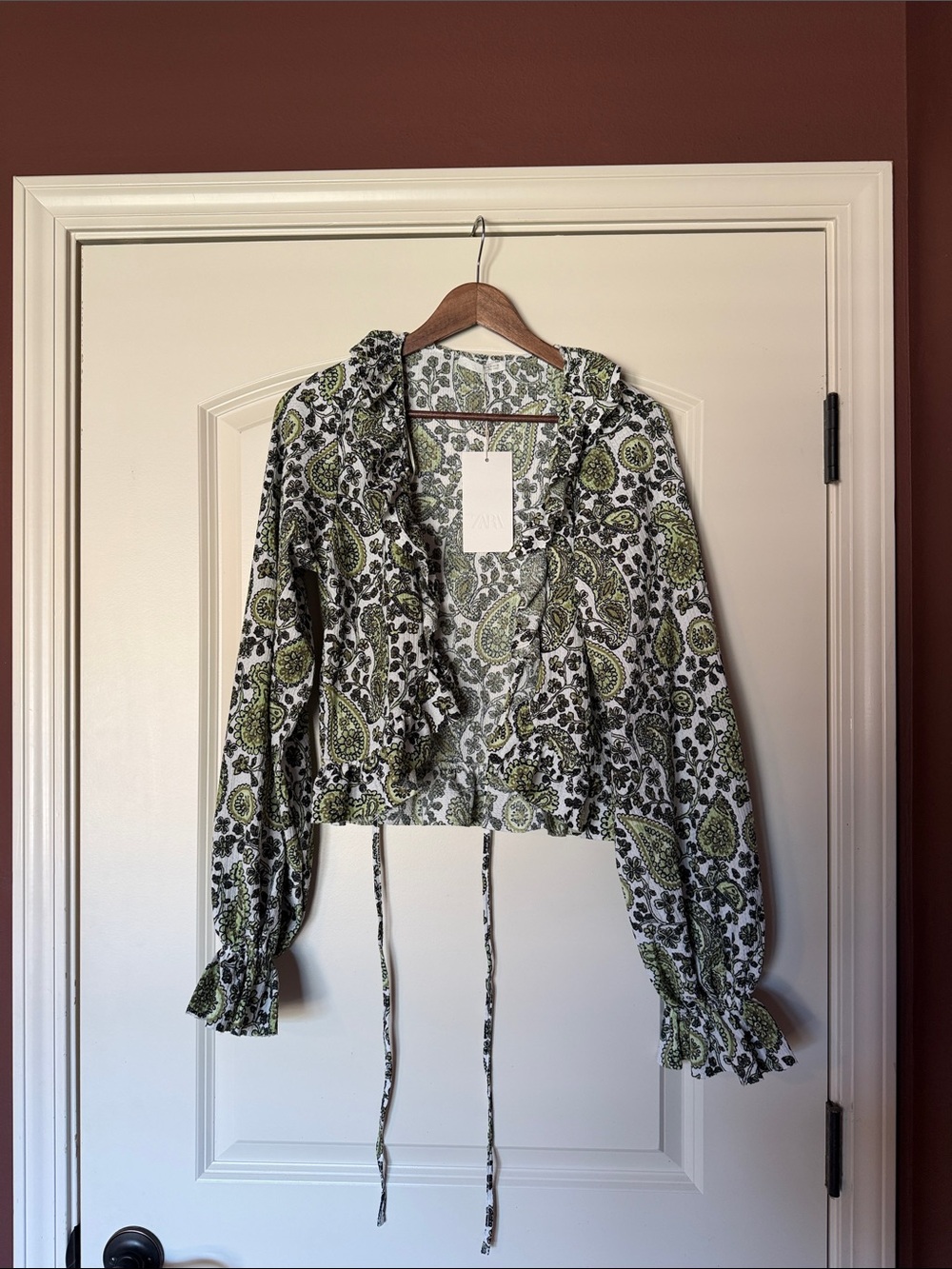 Zara Green and White Paisley Ruffle Tie-Front Blouse